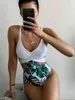 2022 Folha Impressão Swimwear Mulheres Skinny One Peça Swimsuit Maio Biquini Mujer Trikini Banador Monokini Bikini Badpak Maillot Femme Y220423