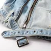 Herrenjacken, Löcher, zerrissen, blaue Jean-Bikerjacke für Motorrad, Streetwear, Reißverschlüsse, Umlegekragen, Denim-Mantel, Oberbekleidung