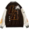 Män broderi brev varsity jackor pu läder sömmar ärmar baseball uniform kvinna skarv flammtryck college jacka 220805