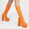 Rontic Handmade Women Spring Mid Calf Boots Slip On Chunky Heels Square Toe Gorgeous Blue Orange Green Party Shoes US Size 4-13