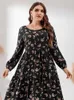 Plus Size Dresses Dress Women 2022 Spring Long Sleeve Floral Print Casual Black High midje maxi klänningarplus