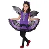 Kids Girls Purple Bat Princess Dress Fancy Cosplay Costume Witch Clothes with Wing Halloween Role Play Clothing 220817