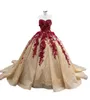champagne and burgundy Lace Quince Dresses 2022 Sweetheart Lace-up Corset Top Sparkly Applique sweety 15 Quinceanera Dresses