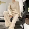 Women's Two Piece Pants Women's Spring And Autumn Women's Round Neck Curled Sweater Lazy Fashion Casual Knitted Pure Wool Two-Piece