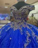 Koningsblauwe Quinceanera Jurken Off-the-shoulder Gouden Appliqué Korset Terug Met kralen bandjes Plooien Op maat gemaakte Zoete Prinses Verjaardagsfeestje Baljurk