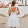 Suknie ślubne plus rozmiar Suknia ślubna krótka powyżej kolan Boho koronkowa aplikacja V Tiul Tiul Bez rękawów