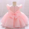 Robe d'été blanche de baptême avec nœud, tenue d'anniversaire pour bébé fille, vêtements de fête de mariage rose, robe de princesse pour enfants