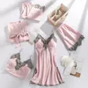 5 SZTUK Sleepear Sleep Suit Seksowne Damskie Koronki Piżamy Zestawy V-Neck Satin Pijamas Intymny Bielizna Wiosna Nightwear Home Nosić PJS W220328