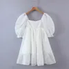 2022 Summer Plain White Color Tie Dye Organza Robe de bal Robe à manches bouffantes Rétro Femmes Swing Midi Robes Fée Gâteau Robes 220511