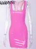 Lvinmw sexy roze pu lederen bodycon jurk zomer dames mouwloze laaggesneden rug zipper elastische mini feestclub es 220521