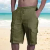 Short en lin pour hommes, multi-sacs noués, salopette de plage, été, ample, couleur unie, pantalon Crock