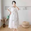 Kurzarm Oneck Mutterschaft Sommer Gesticktes Kleid Fashion Floral Chiffon Kleid Hohe Taille Schwangere Frau Party Kleid J220628