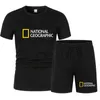 National Geographic couleur impression hommes vêtements de sport deux pièces costume Fitness uniforme à manches courtes bleu t-shirt Shorts 1010