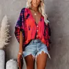 Casual tie-dye geprinte vleermuis halve mouw whirt mode sexy diepe v-neck single breasted blouse damesstraat shirts 220511