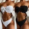 Women's Swimwear Floral Scalloped Bikini Sets Women Sexy Solid Mid-Waist Two Pieces Swimsuit 2022 Beach Bathing Suits Set