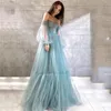 Robe De soirée élégante bleu poussiéreux, épaules dénudées, robes De bal bouffantes, plis, col en V, en Tulle, robes De soirée formelles, W220421