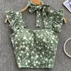 Singreiny Summer Floral Strap Topps Women Square Neck Bow Ruffles Short Camisole Fashion Korean Flower Ladies Elastic Midje Top W220409