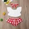 Lioraitiin 3Pcs Set 024M born Baby Girl Clothes Cute Summer Off Shoulder Lace Tops Red Plaid Short Dress Headband Outfit 220608