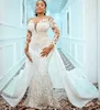 Plus Size Mermaid 2022 Bröllopsklänningar med avtagbar tågpärlstav Spetsapplicerad brudklänning specialtillverkad Robe de mariee