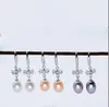 925 Zircões de prata Gancho de orelha de arco Dangle lustre natural Brincos de pérolas de água doce brancas de jóias de moda rosa roxo/garota
