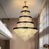 American Modern K9 Crystal Chandeliers Lights Fixture LED Luxurisk läderkronkrona Big Long Home Hall Loft Stair Indoor Lighting Diameter120cm höjd180 cm