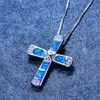 Hänghalsband kvinnlig klassisk korshalsband vit blå opal sten vintage silverfärg kedja för kvinnor boho juvelrypendant