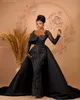 아프리카 여성을위한 오버 스커트와 함께 Aso Ebi Black Mermaid Evening Dresses 2022 Long Sleeves 형식 파티 파티 가운