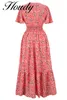 İlkbahar Yaz Nokta Baskı Kırmızı Dressv Yaka Kadınlar Rahat Kelebek Kollu Ruffles Orta Uzun Şifon Elbise Vestidos 220418