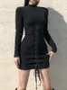 HEYounGIRL Tie Up Bandage Black Bodycon Dress Autumn Basic Long Sleeve Knitted Mini Dresses Ladies Skinny Casual Winter Fashion 220406