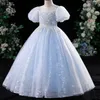 Blue Crystal Long Flower Girls Dress Pageant Dresses Pärled 2022 Småbarn Spädbarnskläder Little Kids Baby Girl Birthday Christmas G5535218