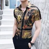 summer personality striped shortsleeved shirt tide male nightclub hair stylist youth wild business casual flower shirt