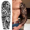 NXY Tijdelijke Tattoo Black Warrior voor Vrouwen Mannen Volwassen Tribal Dier Fake Lion S Sticker Compass Clock Volledige Mouw Tatoos Arm 0330