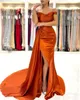 Orange Off the Counter Satin Split Dress Dresses 2022 Ruched Sweep Train Party Party Plus Size Sweep Train Train Brad Bc11177