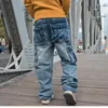 Mode Tidvattenbyxor Hip Hop Oversized Wide-Ben Jeans Män Lösa Skate Denim Byxor Baggy Fickor Plus Storlek Ljusblå Manlig Clthing Bottoms