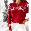 Camisolas femininas femininas outono feminino e inverno moda casual top o-pescoço de neve de floco de natal suéter de pullover de malha