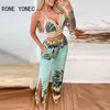 Women Tropical Print Lace Trim Crop Top & Slit Pants Set Summer Vacation Suit 220315