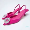 Frühlings-Damen-elegante Schuhe, spitz, flach, nackt, rosafarbene Diamant-Schuhe, niedrige Absätze, schwarze Riemchenschuhe, Damen-Sandalen
