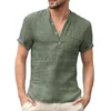 Homme à manches courtes lin bouton t-shirt col en v mode été solide décontracté coton lin t-shirts Blouse t-shirts hommes vêtements 220615