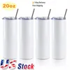 US Stock 20oz White Sublimation Straight Tumbler Blanks Double 304 Mug with Straw Stainless Steel Vacuum Cup Water Bottle Heat Press Machine Sublimation Printing