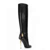 Botas Ladies Be Toe Brand New Cuero genuino Super High Heel Cross Cinturón Hebilla Metal Decorado Banquete Sexy Rodilla 220709