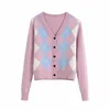 Frauen England Stil Argyle Kontrast Farben Strickjacken Vintage Einreiher V-ausschnitt Pullover Weibliche Chic Jumper 201203