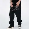 Men's Jeans Men Gun Embroidery Straight Hip Hop Loose Spring Fall Letter Print Black Punk Clothes Male Street Baggy TrousersMen's