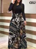 Dress Women's Autumn Flower Sewing Long Sleeve Printed Color Matching Casual Party Elegant Sexy Long Skirt Xl 220513