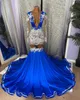 Royal Blue Mermaid Lace Evening Jurken diep V halslijn lange mouwen Afrikaanse prom -jurken Appliqued Sweep Train Formele jurk