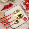 Ustinian 24pcs / 6Set plat bestick set kök porslin uppsättning rätter rostfritt stål dinnerware gaffel sked kniv set 220307