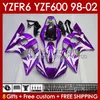 Telaio carrozzeria per YAMAHA YZF-600 YZF R6 R 6 600CC YZFR6 1998 1999 00 01 02 Carrozzeria 145No.210 YZF 600 CC Carenatura YZF-R6 98-02 YZF600 98 99 2000 2001 2002 Kit carenatura viola lucido