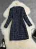 Diseñador de moda azul marino Plaid pajarita T vestido Otoño Invierno mujer manga larga diamantes botón Vintage lana Vestido corto 220317