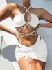 3 Pieces Mesh Skirt Swimsuit Women Halter Micro Bikini High Waist Swimwear Sexy Solid Beachwear Bathing Suit Biquini 220622