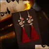 Dangle Lustre Boucles D'oreilles Bijoux Rétro Ethnique Mode Long Or Couleur Alliage De Luxe Zircon Incrusté Fleur Pendentif Rouge Coton Soie Gland D