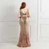 Plus storlek prom klänningar guld sjöjungfru vestido de festa longo sexig lång prom klänning v-hals rygglös paljett aftonklänningar